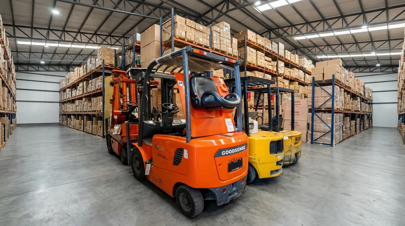 Autoelevadores propios operando entre racks de pallets en el depósito de Avellaneda