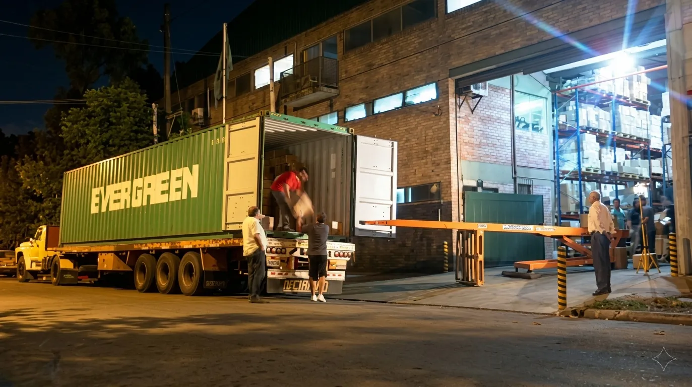 Desconsolidado nocturno de un contenedor Evergreen en el ingreso al depósito